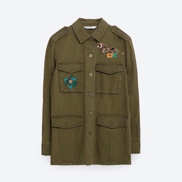 Zara Jackets & Blazers - Zara Army Green Utility Embroidered Beading Jacket Size Medium Bird Flower 255